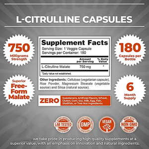 Cápsulas Vegetales Naturales de L-Citrulina Malato en Forma Libre, Marca Privada OEM, Etiqueta Personalizada en Botella Ámbar, Aminoácido para Deportes y Fitness - Product Image 2