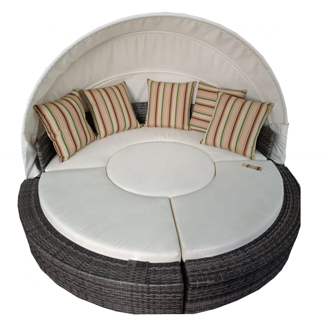 Leisure Outdoor Rattan Sun Bed With Canopy Swimming Pool Garden Furniture Wicker Round Daybed
