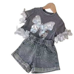 2025 New Arrival Korean Children Clothing Butterfly <strong>Sequined</strong> T Shirt Denim <strong>Shorts</strong> Two Piece Sets <strong>Kids</strong> Girls Summer Clothes - Product Image 1