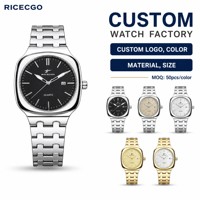 Montre à quartz minimaliste RICECGO, faible MOQ, OEM, montre homme, cadran carré, bracelet en acier inoxydable.