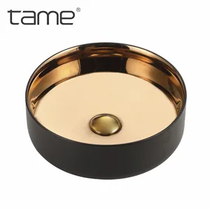 TAME PZ6202-ER1 wastafel mewah untuk Hotel keramik kamar mandi meja wastafel berlapis emas dan hitam desain wastafel tangan