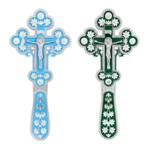 HT Precio al por mayor Decoración religiosa Grecia Metal tallado 17*7,5 cm Ajuste a mano Pequeña Cruz ortodoxa para la oración de la Iglesia