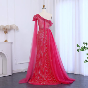 Robe de soirée élégante à une épaule Fuchsia de luxe Dubaï Dres avec cape manches surjupe robe de soirée formelle Lsz025-1 - Product Image 3