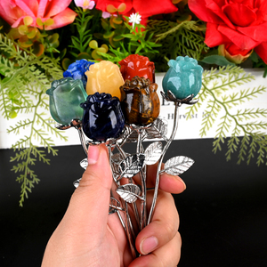 Fleur de cristal de guérison naturelle sculptée à la main en gros, fleur en métal argenté avec pierres précieuses pour la décoration intérieure - Product Image 3