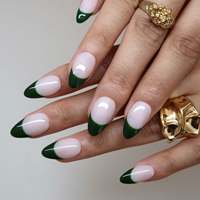 Ongles à presser en acrylique vert foncé minimalistes haut de gamme, personnalisables, vente en gros, forme amande fine et souple, matériau pour ongles