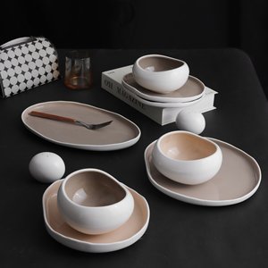 Juego <span class=keywords><strong>de</strong></span> Vajilla <span class=keywords><strong>de</strong></span> Cerámica Beige Blanca Ecológica para el Hogar, Apta para Lavavajillas y Microondas, Vajilla <span class=keywords><strong>de</strong></span> Porcelana, Platos Ovalados, Tazas - Product Image 3