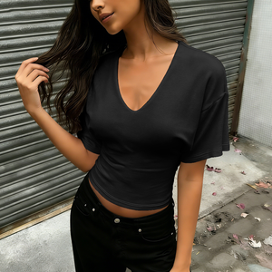 Camiseta de Manga Corta con Cuello en V para Mujer, Color Sólido, Cintura Ajustada, Estilo Casual con Tela Suave y Elástica para la Moda de Verano - Product Image 4
