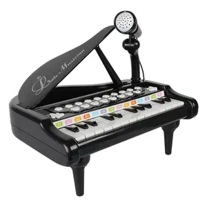 Set mainan musik Mini Piano 24 tombol, instrumen musik anak-anak dengan mikrofon untuk hadiah anak-anak-hitam merah muda