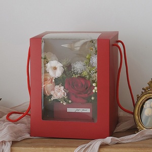 Folding <b>White</b> Cardboard <b>Gift</b> Packaging <b>Box</b> With Portable Rope Transparent Window Flower <b>Box</b> - Product Image 1