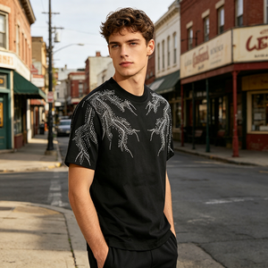 T-Shirt da Uomo in Cotone 100% di Alta Qualità, Pesante, Nero, con Motivo a <span class=keywords><strong>Pois</strong></span> e Strass Scintillanti, Stile Hip Hop Streetwear - Product Image 2
