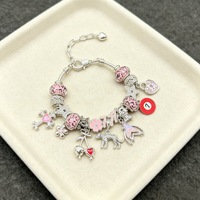 Bracelet à breloques plaqué argent imprimé léopard rose, avec croix, cerise, nœud, fleur, cœur, étoile, porte-bonheur 7, bracelet perlé