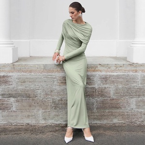 Abito Lungo Elegante Autunno Inverno Stile Europeo-Americano, <span class=keywords><strong>Maniche</strong></span> <span class=keywords><strong>Lunghe</strong></span>, <span class=keywords><strong>in</strong></span> Nylon e Cotone, Tinta Unita, Lavorato a <span class=keywords><strong>Maglia</strong></span>, Aderente, per Donna - Product Image 2