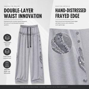 Pantalon large décontracté gris en molleton épais pour homme, série limitée à couches multiples, taille élastique avec cordon de serrage, effet usé et déchiré - Product Image 4
