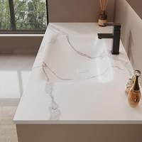 Ensemble de meuble-lavabo de salle de bain d'hôtel en bois massif, style crème, avec vasque monobloc en dalle de pierre de luxe légère et courbée à chaud, sur pied, intelligent