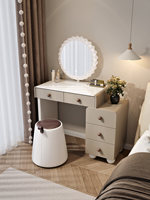 Ensemble de coiffeuse moderne Japandi crème et noyer avec miroir LED rond, bureau de maquillage à 5 tiroirs avec armoire latérale, ensemble de rangement pour chambre à coucher