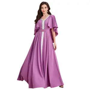 新しいデザインビーズマキシドレス女性女性エレガントな紫トルコブルカアバヤイスラム教徒の女の子のためのイスラム教徒のドレス