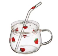 Conception personnalisée Tasse en verre transparent avec couvercle et paille Gobelet en verre tasse à café glacé avec impression fraise