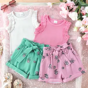 0-4T Sets For Girls Ruffled Sleeveless Solid Pit Strip Vest Floral Print Shorts Toddler Kids Clothes Summer Girls Clothing Set