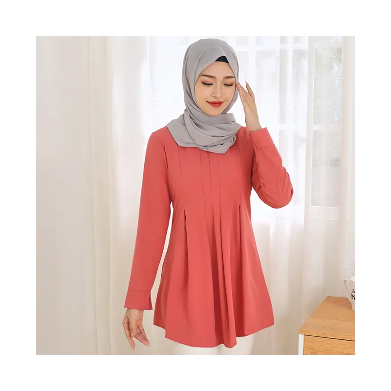 Hot-Sale Solid Long Sleeve Women Muslim Blouses Malaysia Tunic Tops Muslim