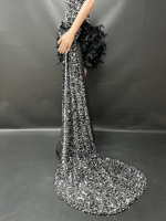 Robe de cocktail Novance Y4811-B style tendance avec strass et plumes, mini-robe de bal à longue traîne pour femmes noires