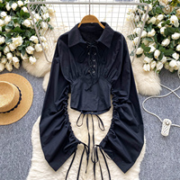 Chemisier court à col et lacets pour femme, manches longues, taille cintrée, style décontracté et élégant pour l'automne