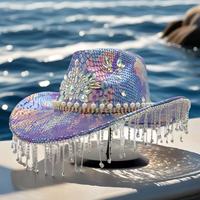Chapeau de cowboy bohème occidental en gros, imprimé serpent violet, fleurs, strass, perles, franges, pour festival de musique, chapeaux de fête personnalisés pour femmes