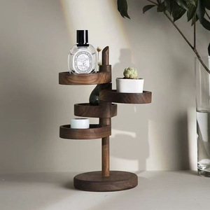 Étagère de rangement rotative multicouche en bois, type rond sur pied, pour organisateur de bureau, couleur bois de noyer - Product Image 1