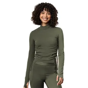 Aoyema Automne Personnalisé Haute Qualité Dames Col Roulé Cordon Casual Tops T-shirt Femmes Coton À Manches Longues T-shirt