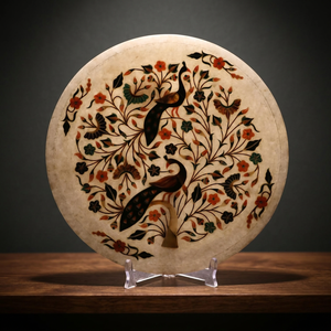 Plaque murale ronde de style animalier, motif floral paon incrusté d'onyx, faite à la main - Product Image 4