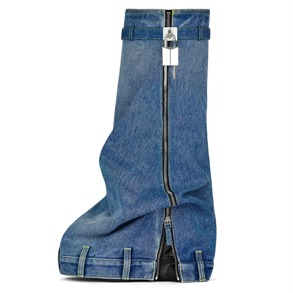 Model baru sepatu Denim hak tinggi untuk wanita Denim biru Stiletto sepatu bot hak tinggi lutut Denim Tinggi sepatu hiu untuk wanita