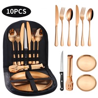 Ensemble de couverts portables en acier inoxydable 10 pièces à prix de gros, idéal pour le voyage et le camping, avec sac de transport