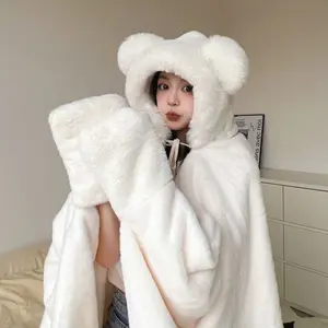 New Rabbit Hair Bear Hooded Shawl Thick Warm Plush Hoodie Cute Cloak Blanket for Sleep Nap