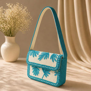 Bolso de Mano Rectangular de Lona y Algodón, Bordado Floral con Cuentas Hechas a Mano, Lavable - Product Image 1