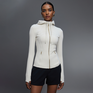 Veste de sport à capuche moulante pour <span class=keywords><strong>femme</strong></span>, fermeture éclair intégrale, poche kangourou, taille élastique, tissu léger et performant - Product Image 1