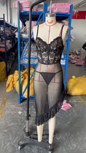 Sexy Hollow Flower Embroidered Lace Lingerie Set Wholesale V-neck <b>Perspective</b> Mesh Underwear Set - Product Image 6