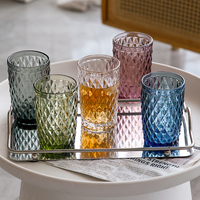 Retro Diamant-geëmbosseerde glazen tumbler 323ml, multicolor glazen beker voor ijskoffie, ijsthee, fruitsap, zelfgemaakte koude dranken