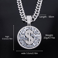 Pendentif Classique Plaqué Or avec Symbole Dollar Sertie de Zircons, Chaîne Maille Cubaine, Zircons Baguette et Ronds, Collier Hip Hop