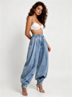 Jean évasé déchiré taille haute pour femme, coupe large, style Y2K streetwear, avec motif cœur évidé