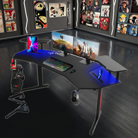 Grand bureau de jeu RGB en fibre de carbone, en forme d'aile, avec éclairage LED, support de câbles métalliques, grand bureau d'ordinateur d'angle