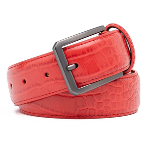 Cinturón Casual de Cuero Vacuno Rojo con Hebilla Rectangular de Acero, Diseño Sólido de una Sola Pieza, 100% Cuero Genuino - Product Image 1