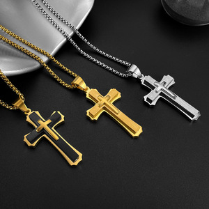 Vintage three-layer cross necklace, <b>titanium</b> steel domineering male decoration, engraved gift pendant - Product Image 4