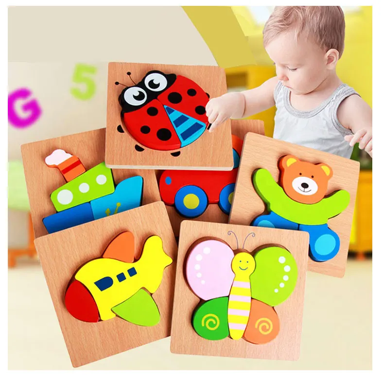 High Quality 3D Wooden Jigsaw Puzzles Educational Cartoon Animals Early Learning toddler Puzzle kids toys