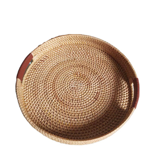 Handmade rattan large round outdoor leisure picnic fruit tray indoor kitchen tray hotel bar service rattan tray decorative