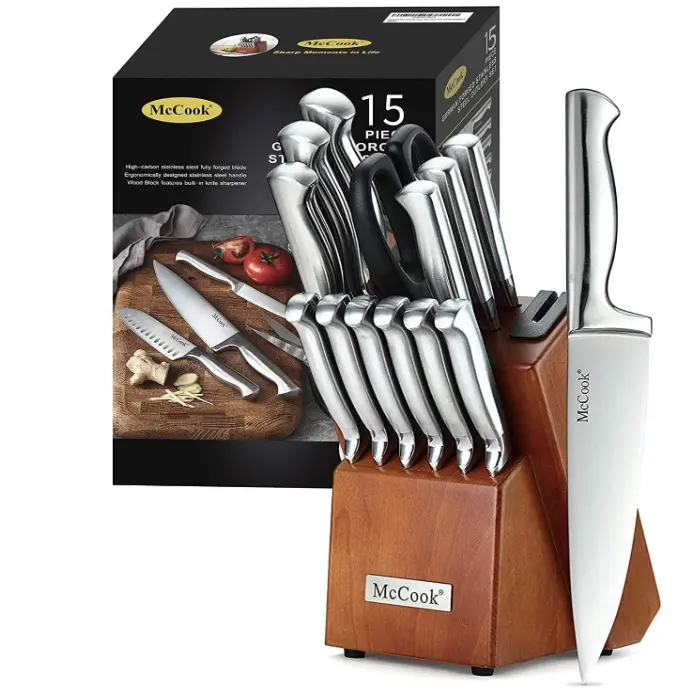 Conjunto de facas clássicas de aço inoxidável para cozinha, faca de cozinha personalizada de metal tradicional, faca de chef com bloco de madeira