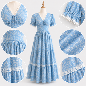 Robe longue personnalisée à imprimé floral pour <span class=keywords><strong>femme</strong></span>, manches bouffantes, col en V, style bohème à volants, idéale pour les invitées de mariage estivales - Fournisseur en gros - Product Image 3