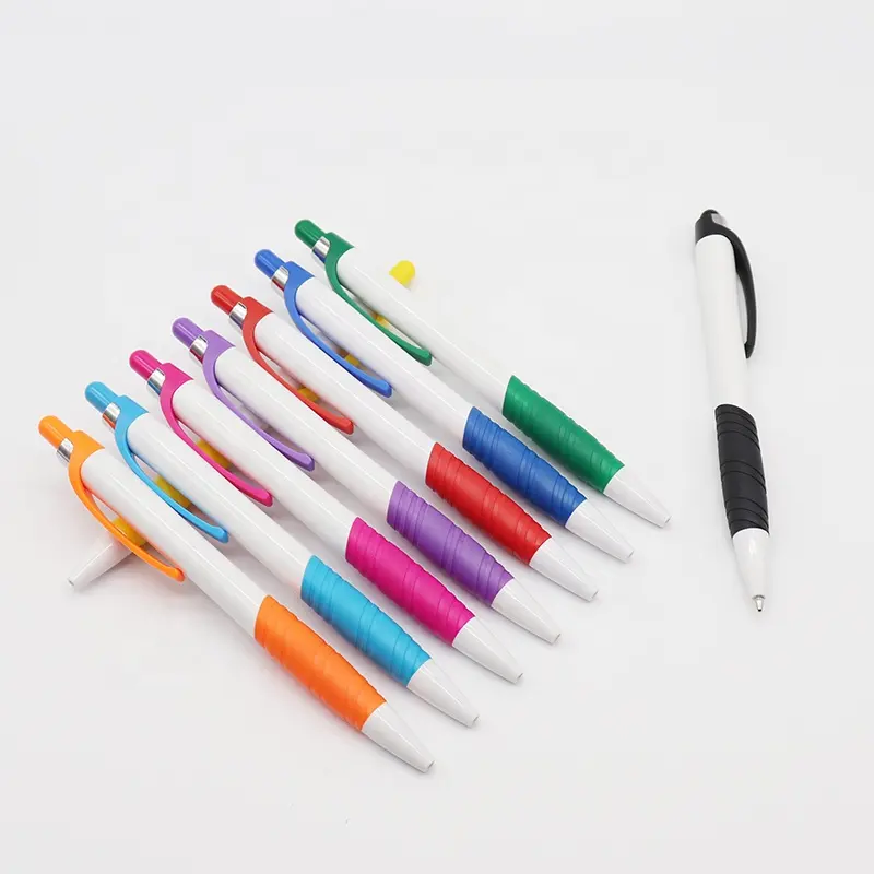 Promotional solid white blank red blue black ink plastic ballpoint pen colored plunger grip ball pen for business office gift