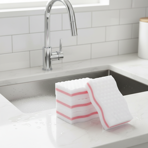 Éponge en mélamine blanche haute densité avec support en PU rose, <span class=keywords><strong>gomme</strong></span> <span class=keywords><strong>magique</strong></span> durable pour usage domestique - Product Image 2