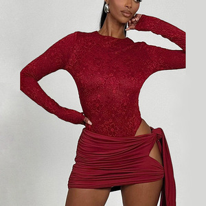 Nouvel ensemble deux pièces élégant pour femme, col montant, manches longues, broderie florale, jupe à lacets, coupe ajustée, écologique - Product Image 1