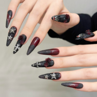 Ongles artificiels à presser longs et pointus, faits main, de luxe, style sorcière gothique, avec motif rose 3D noir et rouge, pour Halloween, lot de 10 pièces