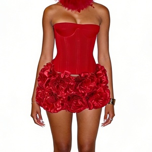 Women's Strapless Corset <b>Top</b> & 3D Floral Mini Skirt Set - Lace-Up Back Corset With <b>Rose</b> Hem Skirt 2 Piece Set Fashion - Product Image 4